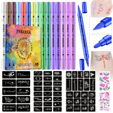 PFARRER Temporary Tattoo Markers. Kit with 15 body markers, 56 large stencils, and 2 sheets of glow stickers.